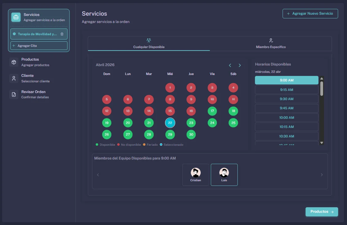 Pantalla del Booking Link público — cliente seleccionando servicio de la lista, con grilla de horarios disponibles y botón de confirmar.